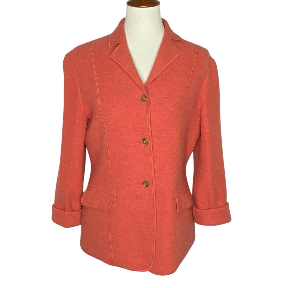 Lands' End Boiled Wool Blazer Jacket Orange Coral Womens Size 8 Petite Preppy